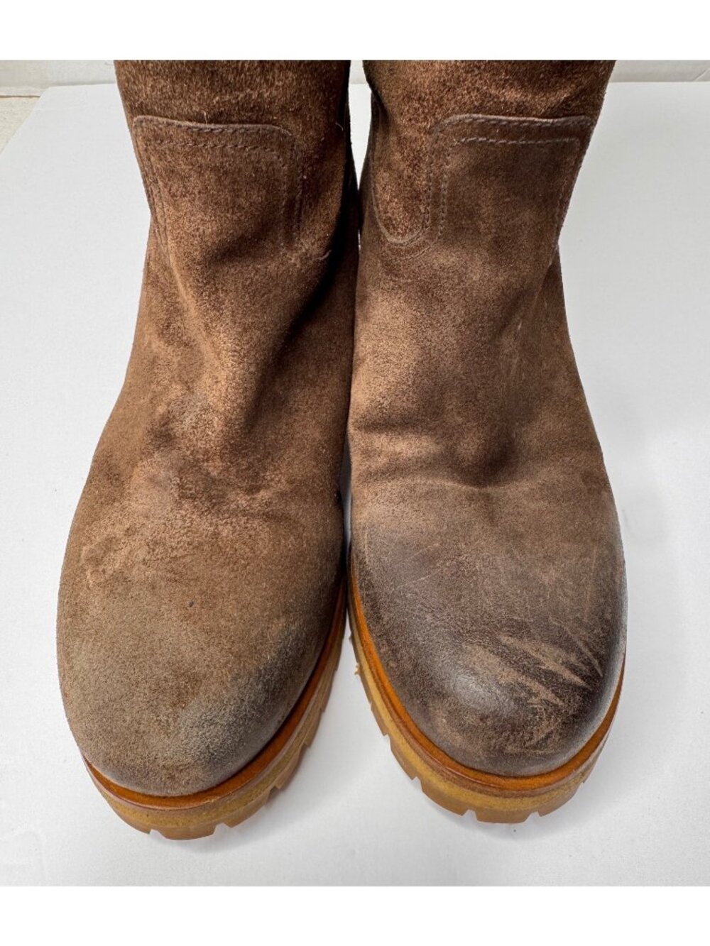 Vintage Prada Milano Brown Suede Calf Knee Lug Sole Moto Rugged Boots 38.5 US8.5 - Picture 9 of 16